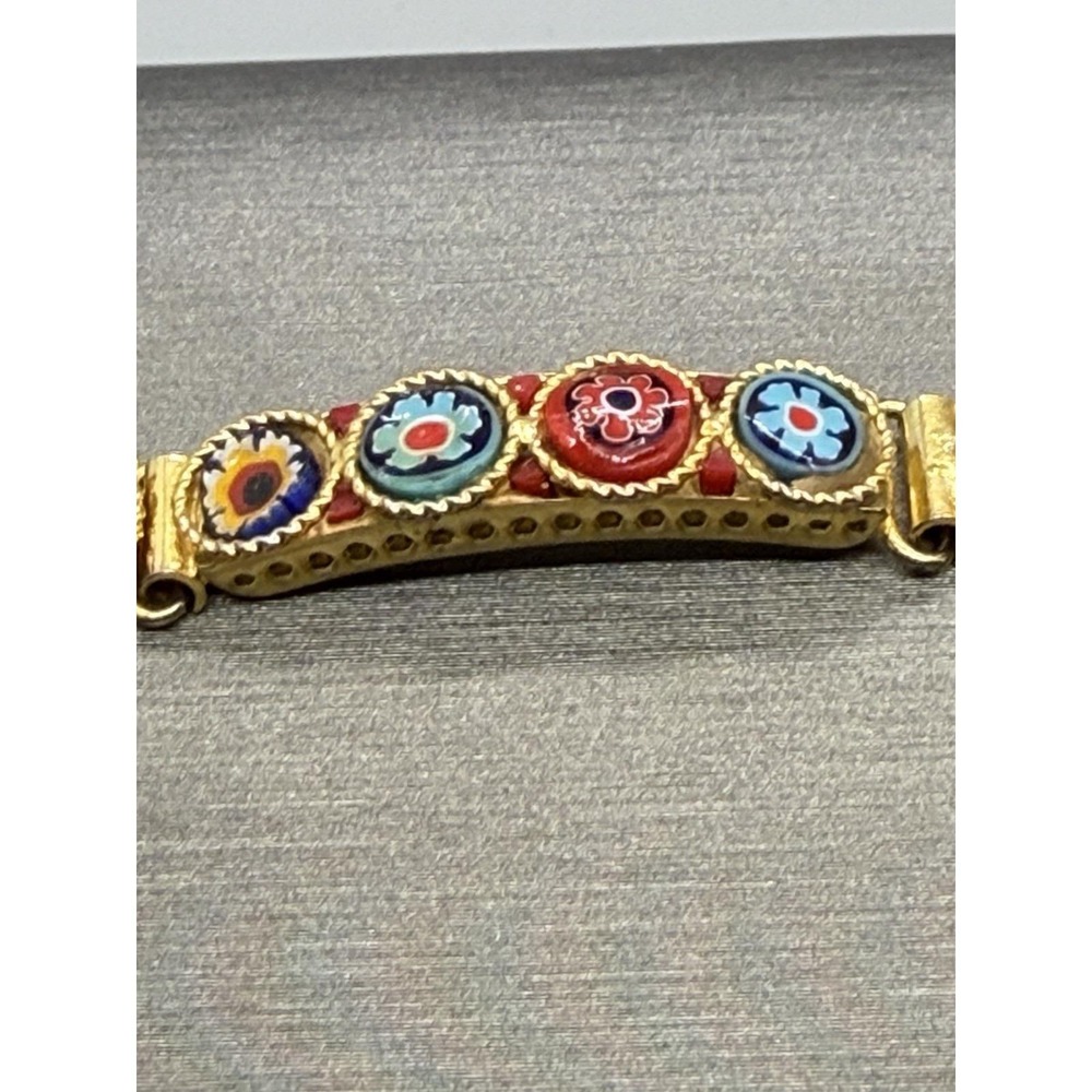 Vintage Micro Mosaic Millefiori Panel Gold Tone Bracelet Multi Color Sz 6 - Picture 9 of 13